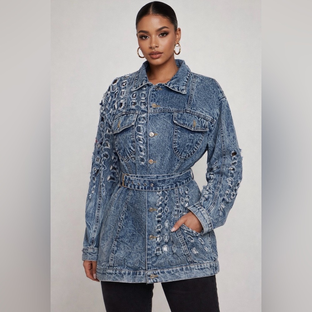 Ma Cherie Denim Distressed Jean Jacket With Belt Mid Length Size Large - Picture 4 of 16